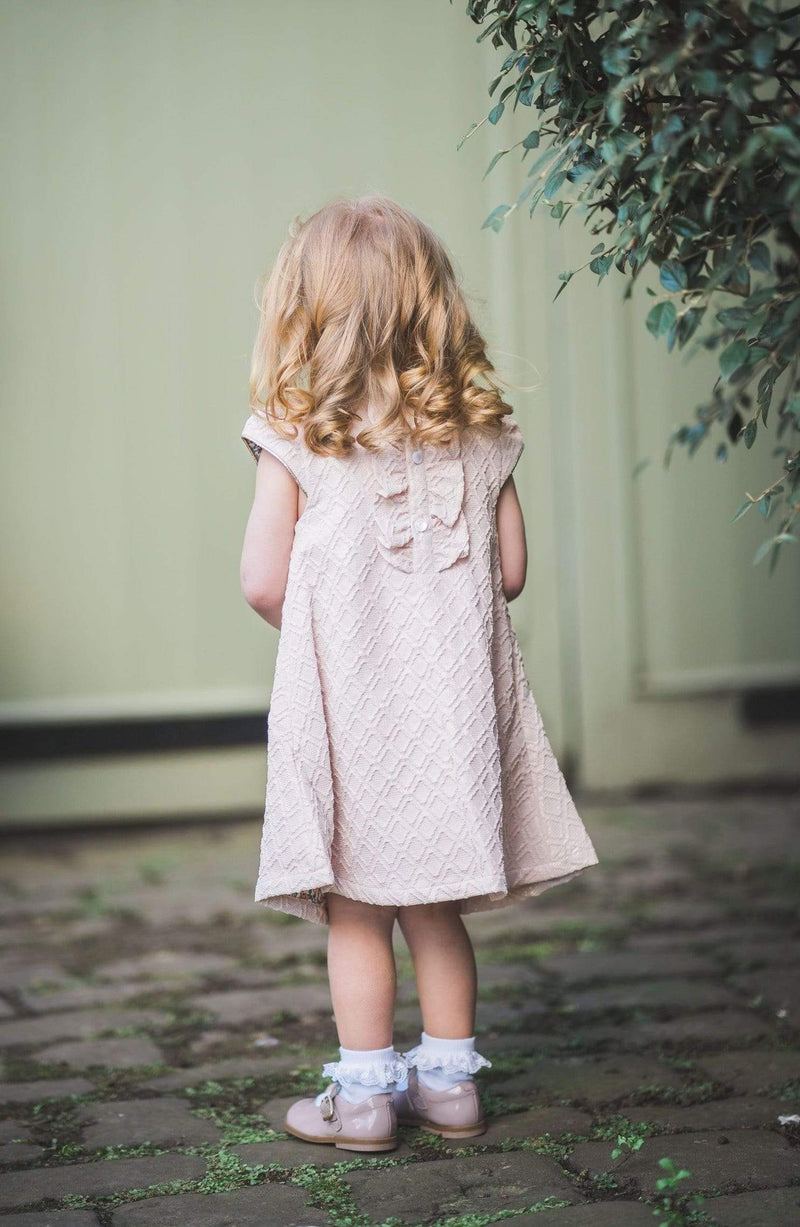 girls blush pink a line jacquard cap sleeves lined frills vintage traditional princess party luxury cotton button back