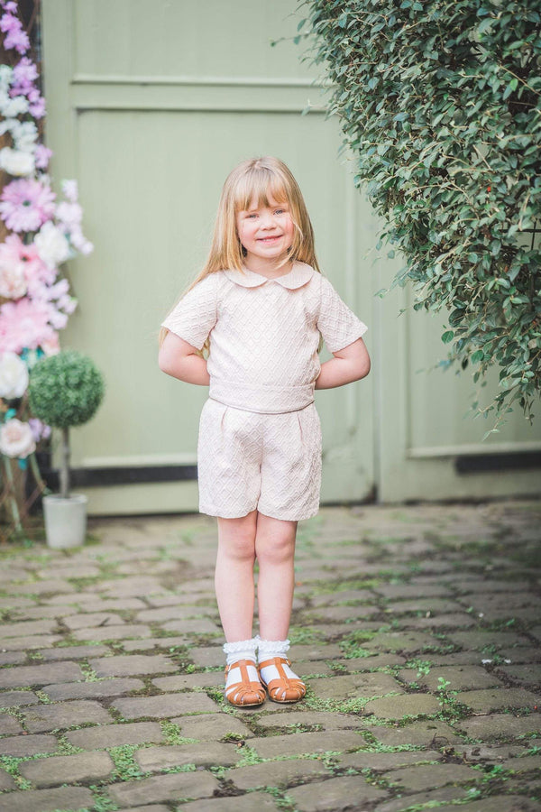 girls cotton shorts blush pink gold trim brocade pocket smart vintage unique turn up toddler