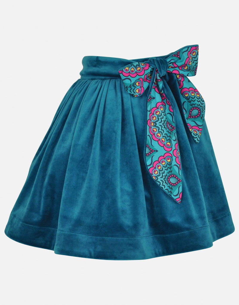 girls skirt teal green jade velvet bow petticoats lined elasticated cotton vintage traditional princess casual gathered