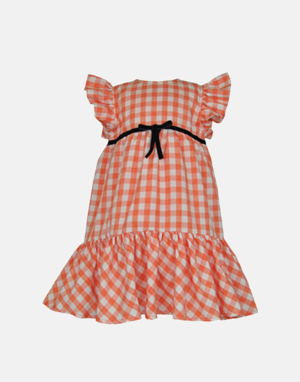 girls dress toddler orange white gingham check checked black bow frill sleeve empire line lined button back vintage traditional luxury cotton princess party 