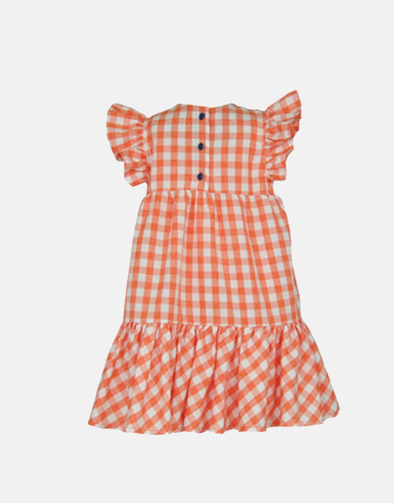 girls dress toddler orange white gingham check checked black bow frill sleeve empire line lined button back vintage traditional luxury cotton princess party