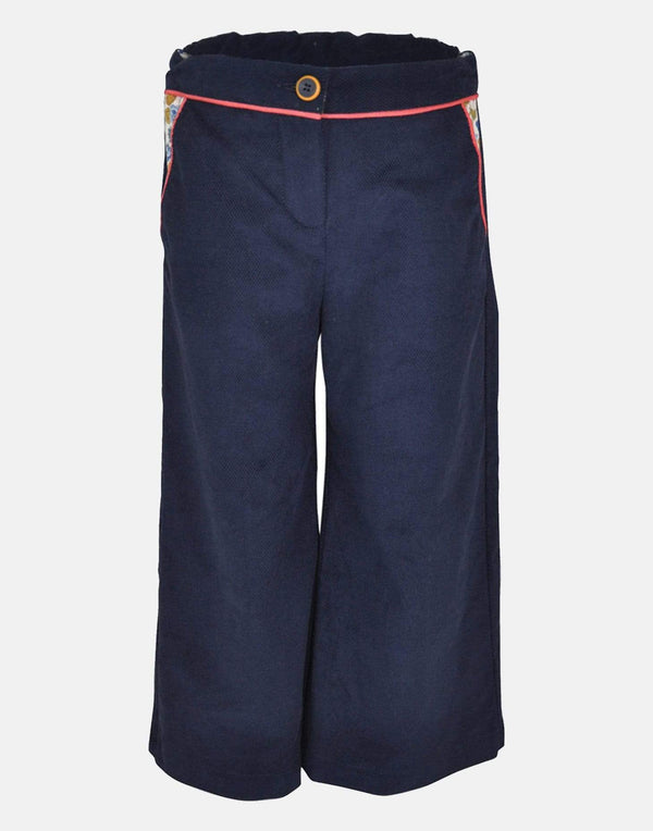 girls trousers culottes navy blue wide leg pockets pink trim unique print lined smart vintage traditional 