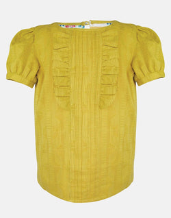 girls blouse yellow pin tucks frill sleeves lined traditional vintage retro frills unique print
