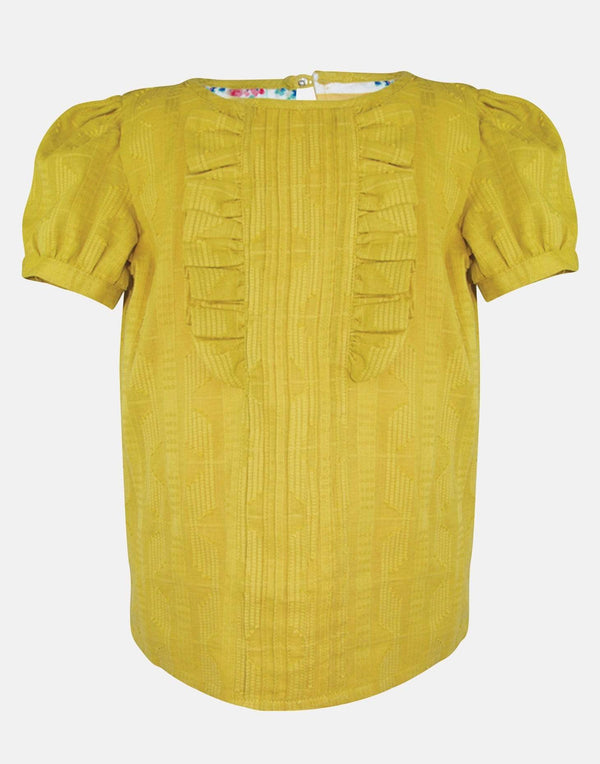 girls blouse yellow pin tucks frill sleeves lined traditional vintage retro frills unique print
