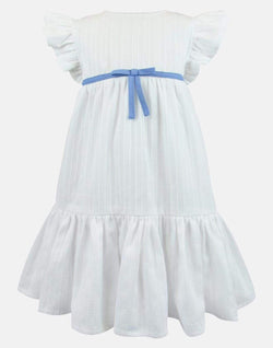 girls toddler dress white pale blue bow frill sleeve empire line lined button back vintage traditional princess party luxury cotton