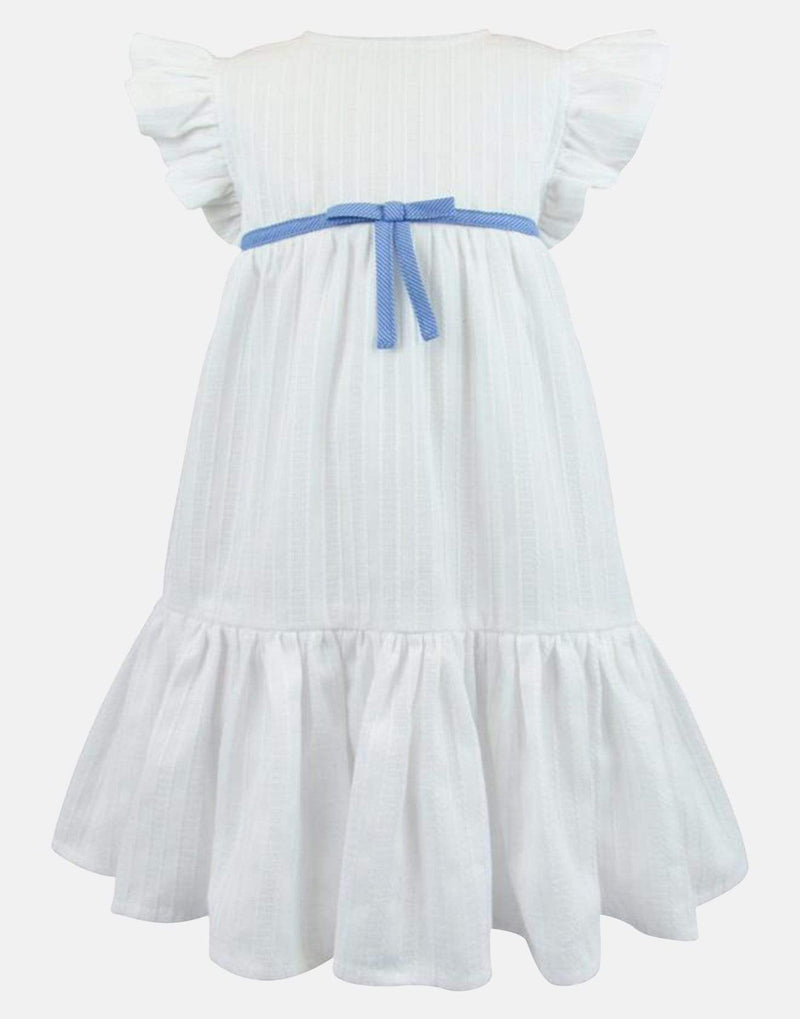 girls toddler dress white pale blue bow frill sleeve empire line lined button back vintage traditional princess party luxury cotton