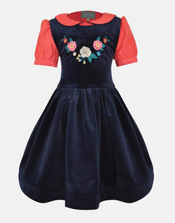 Victoria: Navy velvet  pinafore & coral blouse