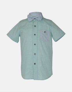 boys cotton shirt blue aqua turquoise collar button down textured bow tie bowtie short sleeve pocket smart dapper vintage unique