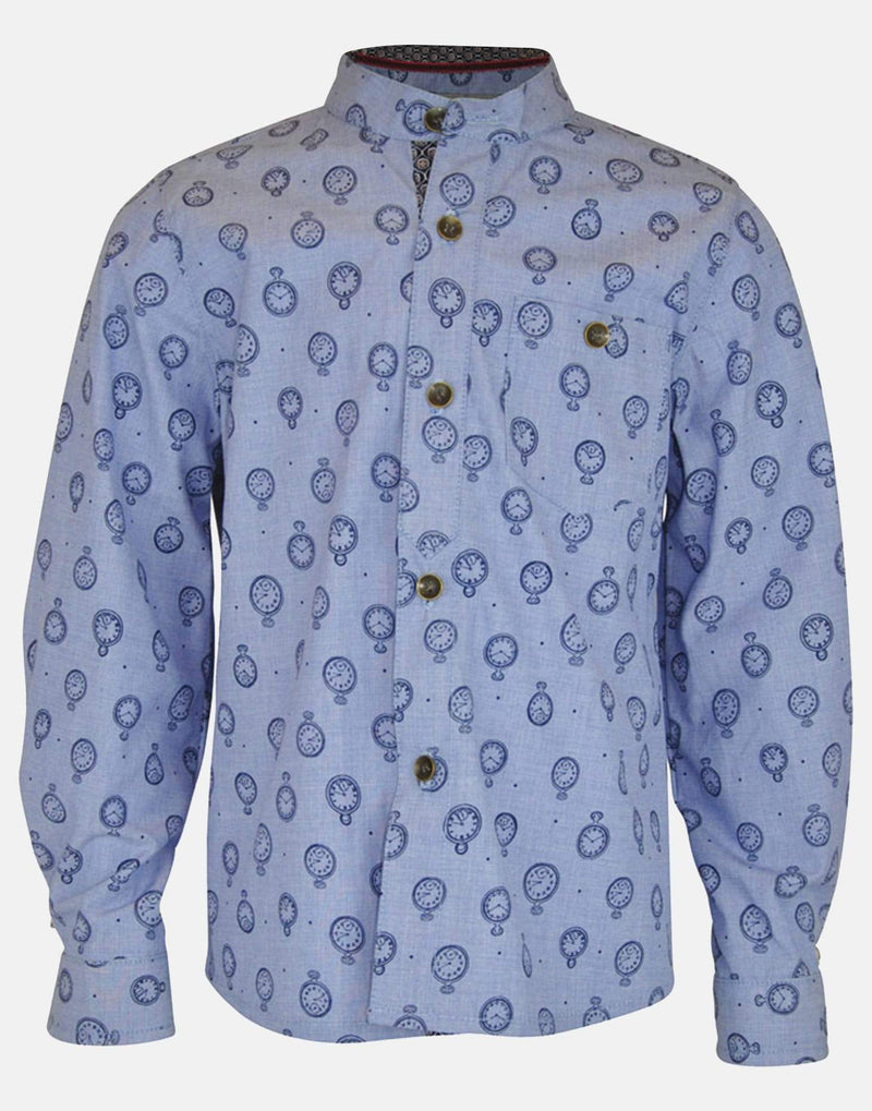 boys cotton shirt pale blue clock pocket watch grandad collar button down long sleeve pocket smart dapper vintage unique