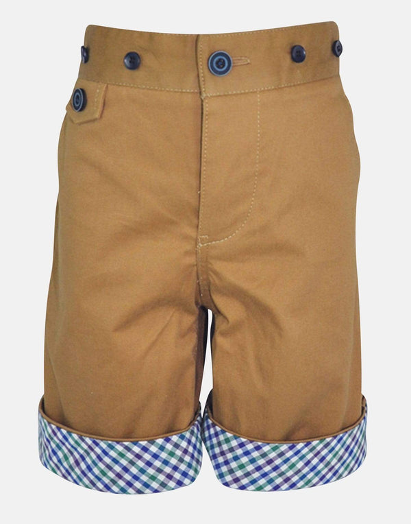boys cotton shorts tan stone brown blue green checked pocket smart vintage unique turn up dapper 