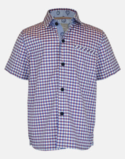 boys cotton shirt blue red white checked pocketwatch pocket watch collar button down short sleeve pocket smart dapper vintage unique