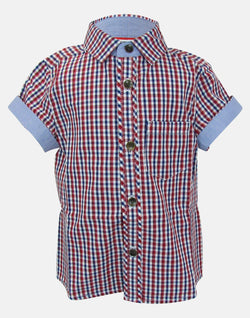 boys cotton shirt blue red white checked collar button down short sleeve pocket smart dapper vintage unique