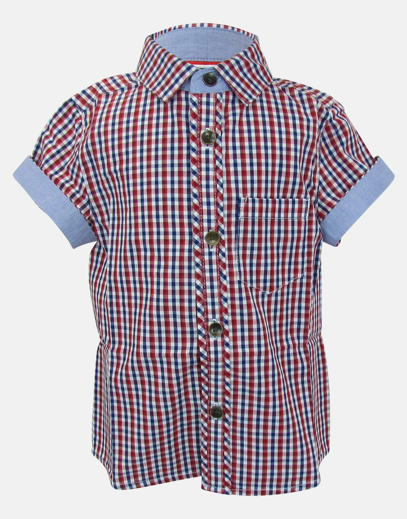 boys cotton shirt blue red white checked collar button down short sleeve pocket smart dapper vintage unique