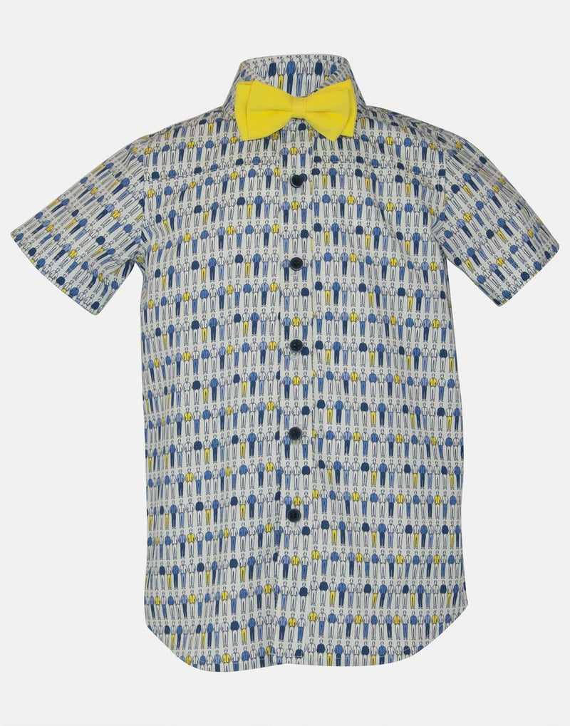 boys cotton shirt blue yellow white gentleman collar button down bowtie bow tie short sleeve pocket smart dapper vintage unique