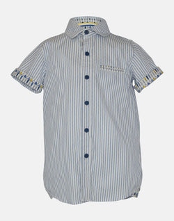 boys cotton shirt blue yellow white gentleman striped collar button down short sleeve pocket smart dapper vintage unique