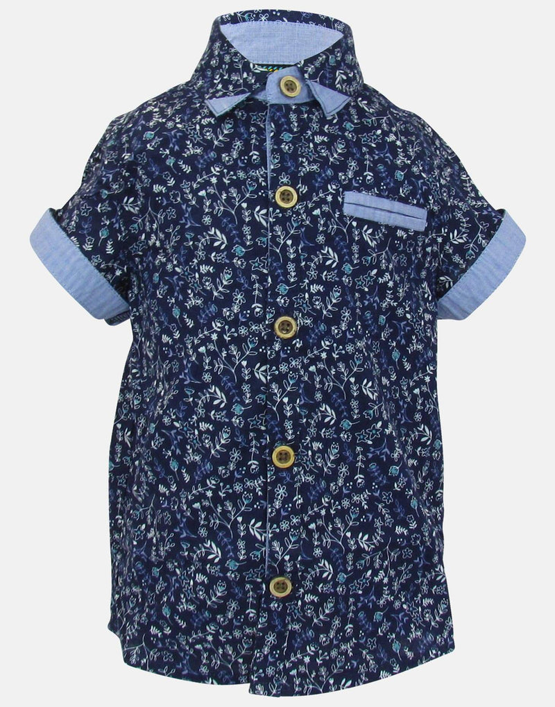 boys cotton shirt blue white pale blue floral collar button down short sleeve pocket smart dapper vintage unique