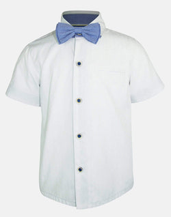 boys cotton shirt blue white textured collar button down bowtie bow tie short sleeve pocket smart dapper vintage unique