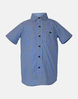 boys cotton shirt blue white textured checked collar button down short sleeve pocket smart dapper vintage unique