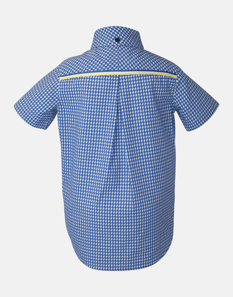 boys cotton shirt blue white textured checked collar button down short sleeve pocket smart dapper vintage unique
