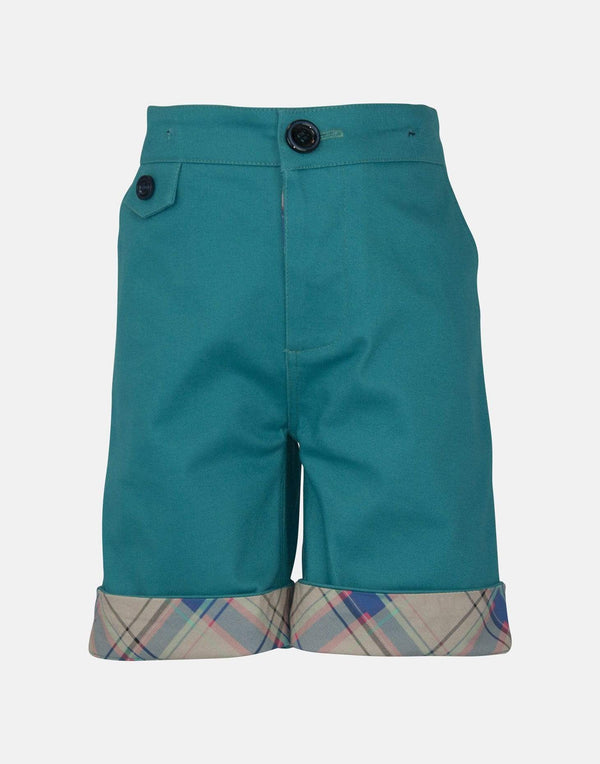 boys cotton shorts teal checked smart vintage unique turn up pocket dapper