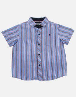 boys cotton shirt blue white red striped collar button down short sleeve pocket smart dapper vintage unique