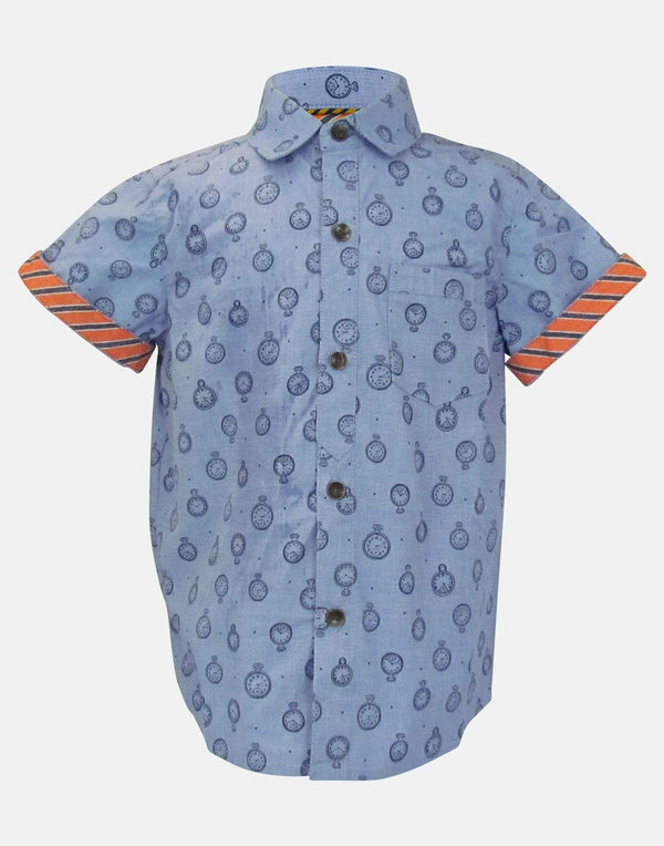 boys cotton shirt blue orange pocketwatch pocket watch clock collar button down short sleeve pocket smart dapper vintage unique