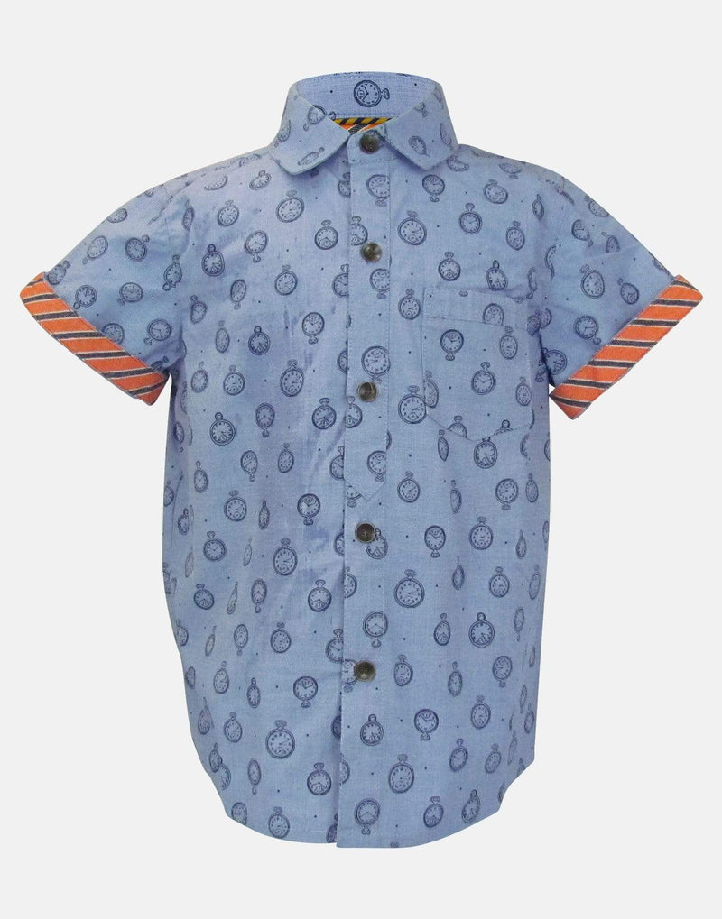boys cotton shirt blue orange pocketwatch pocket watch clock collar button down short sleeve pocket smart dapper vintage unique