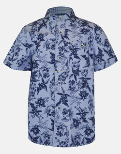 boys cotton shirt navy pale blue floral grandad collar button down short sleeve pocket smart dapper vintage unique