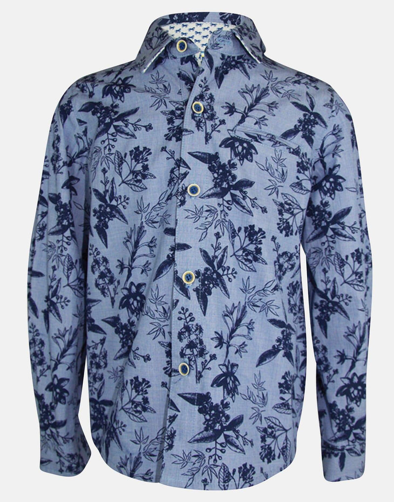 boys cotton shirt navy pale blue floral collar button down long sleeve pocket smart dapper vintage unique