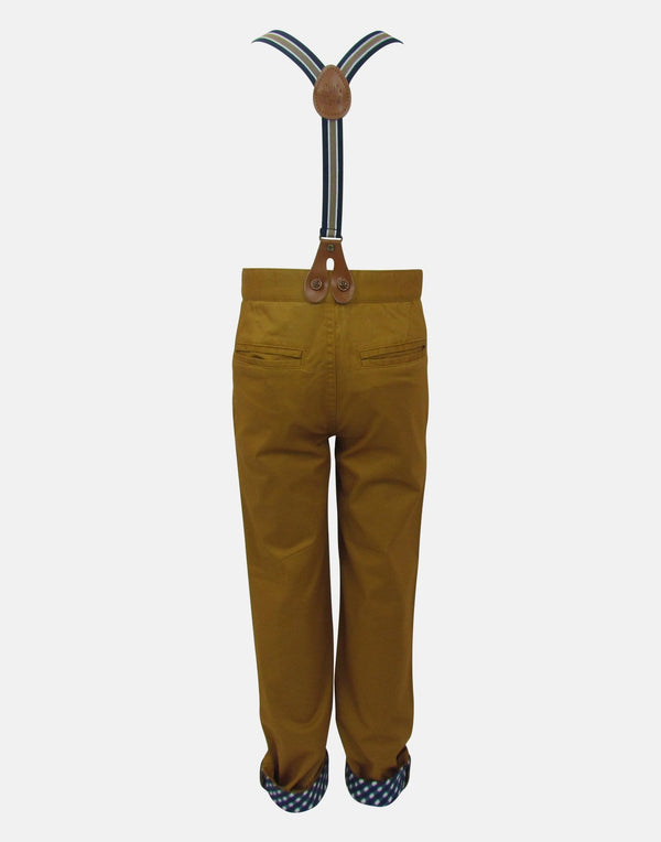 boys trousers caramel brown pockets checked blue white turn ups unique smart traditional vintage braces 