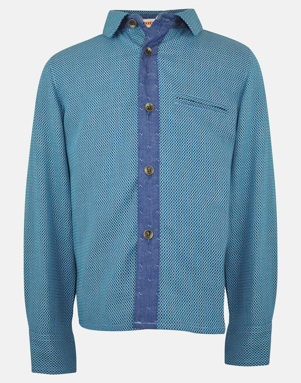 boys cotton shirt blue teal jade green woven textured collar button down long sleeve pocket smart dapper vintage unique