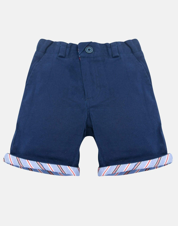 boys cotton shorts navy blue red striped pocket smart dapper vintage unique turn up