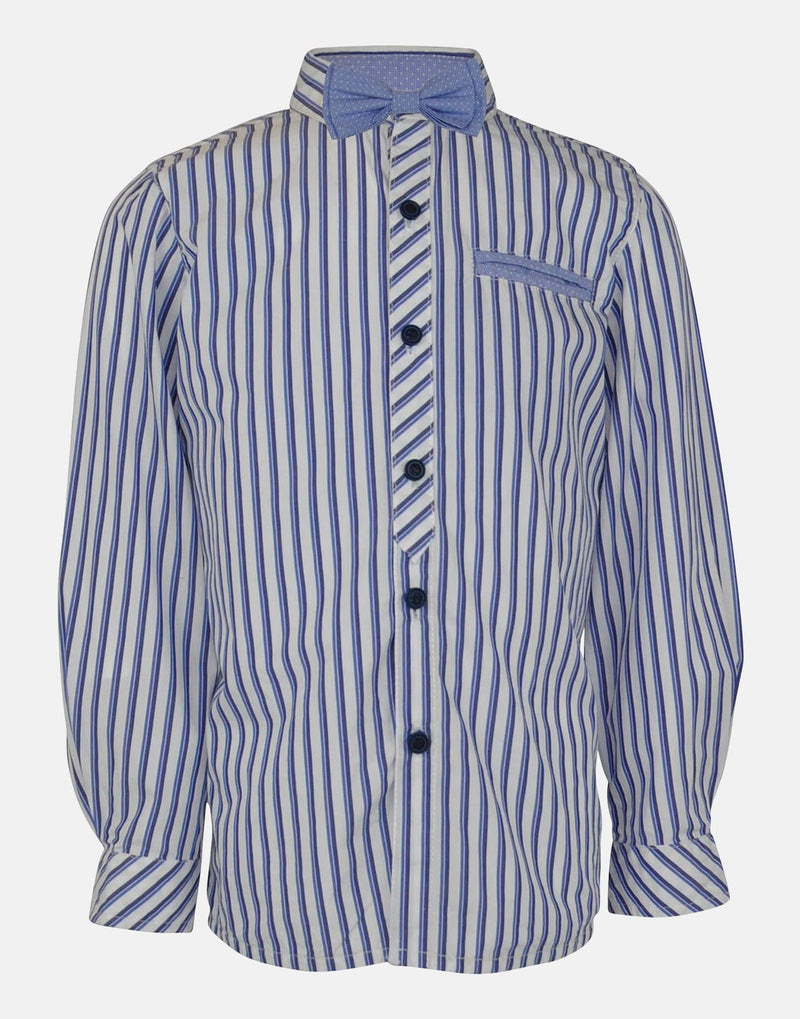 boys cotton shirt blue white pale blue striped collar button down bowtie bow tie  long sleeve pocket smart dapper vintage unique