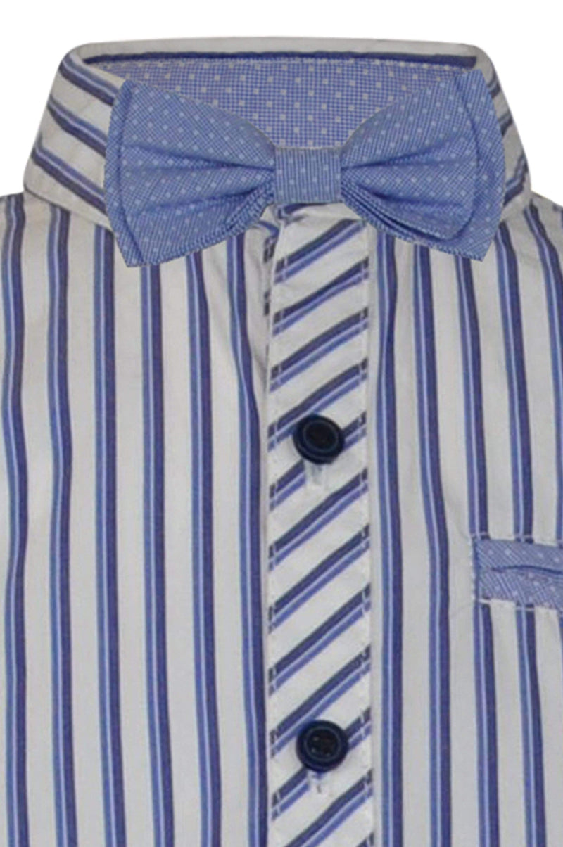 boys cotton shirt blue white pale blue striped collar button down bowtie bow tie long sleeve pocket smart dapper vintage unique