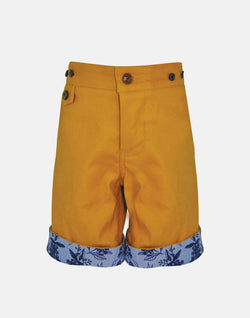 boys cotton shorts mustard yellow blue floral pocket smart vintage unique turn up dapper toddler