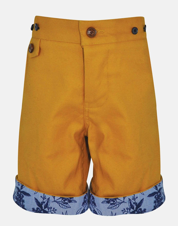 boys cotton shorts mustard yellow blue floral pocket smart vintage unique turn up dapper braces 