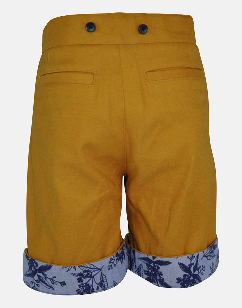 boys cotton shorts mustard yellow blue floral pocket smart vintage unique turn up dapper braces