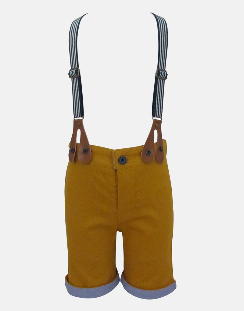boys cotton shorts ochre tan brown pale blue pocket smart vintage unique turn up braces dapper