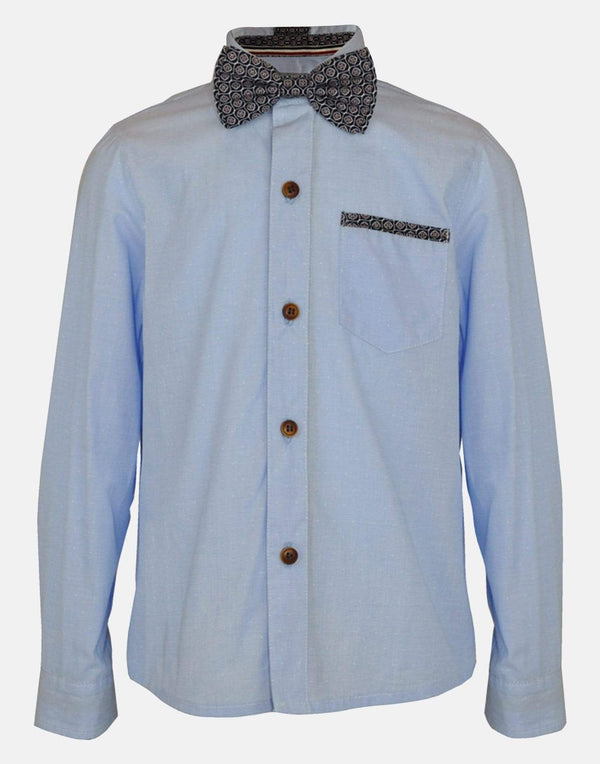 boys cotton shirt blue pale blue grey silver collar button down bowtie bow tie long sleeve pocket smart dapper vintage unique