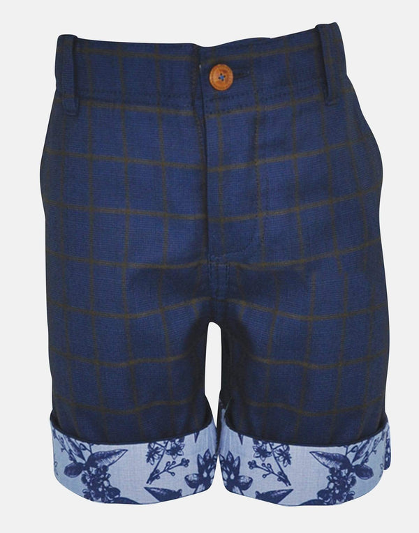 boys cotton shorts navy blue floral checked check pocket smart vintage unique turn up dapper