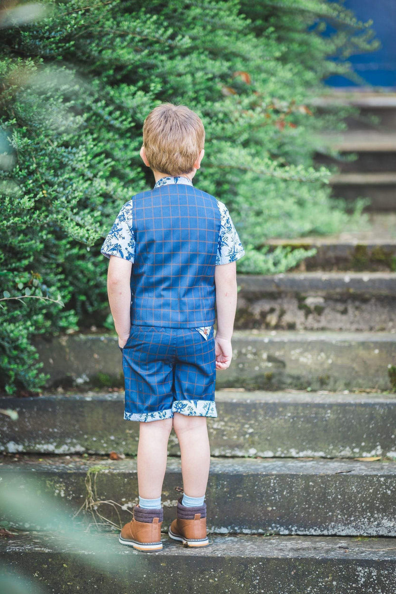 boys waistcoat blue navy white brown floral checked check suit three piece pocket smart vintage unique dapper toddler