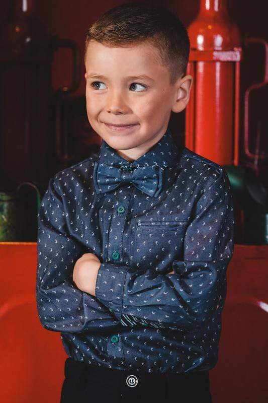 boys cotton shirt blue navy white half moon collar button down bowtie bow tie long sleeve pocket smart dapper vintage unique